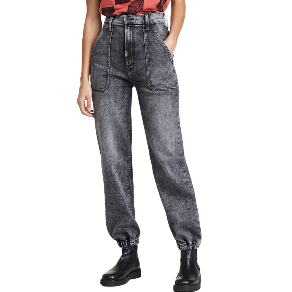 MOTHER Wrapper Patch Springy Ankle Jeans in Train Stops Jogger Style Denim Pants